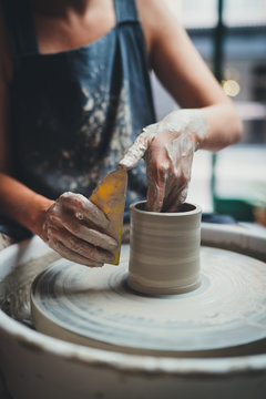 Vertical Image Of Professional Female Maker Ceramics Working With Pottery Wheel In Own Workshop, Pottery Class Creative People Handcraft Workshop Hobby