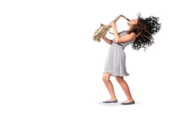 a female teenage saxophonist - obrazy, fototapety, plakaty