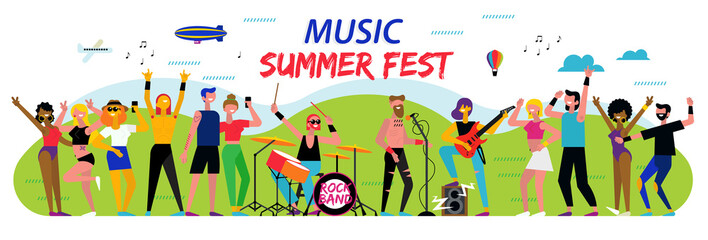 Poster for the music summer festival. Open-air live performance in the outdoor suburban landscape.