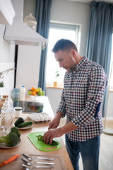 Man in a checkered shirt cutting vegetables