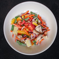 frozen vegetables mix salad (onions, corn, peppers, paprika, mushrooms, asparagus beans, carrots and others, ketogenic diet) menu concept. food background. top view. copy space