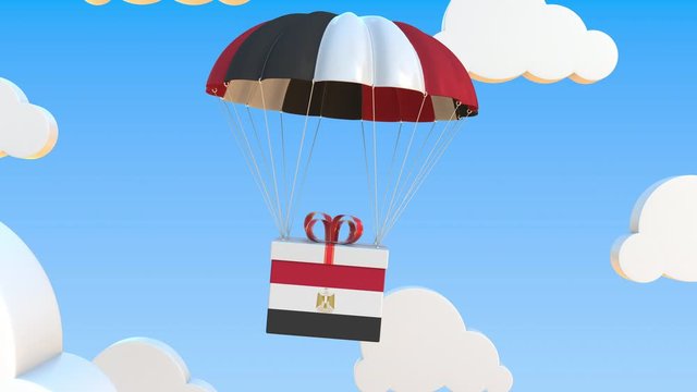 Box with national flag of Egypt falls with a parachute. Loopable conceptual 3D animation