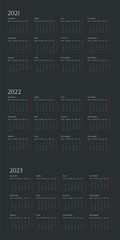 Annual calendar flat vector illustration set. Organizer template for 2021, 2022 and 2023 years. Business planner dark color design. Basic grid with text and numbers on black background.