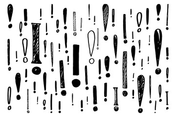 Hand draw exclamation mark sign kit. Doodle illustration. Basis scribble graphics black and white