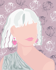 Portrait of a young girl on a floral background. The blonde with beautiful lips. Vector illustration.