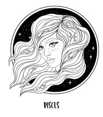 Illustration of Pisces astrological sign as a beautiful girl. Zodiac vector drawing isolated in black and white. Future telling, horoscope, alchemy, spirituality. Coloring book for adults.