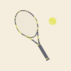 Beautiful racket and ball for playing tennis. Inventory for lawn tennis on court.Vector flat illustration