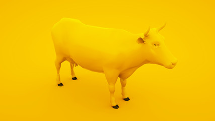 Cow isolated on yellow background. Minimal idea concept, 3d illustration
