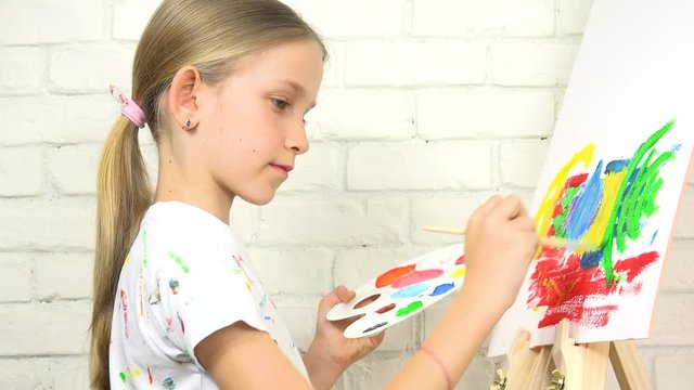 Child Painting on Easel, School Kid in Workshop Class, Girl Working Art Craft