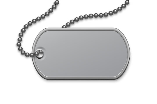 Metallic silver badge military with chain template. Dog tag on lace. Detailed element for army metal token. Engraved pendant for identification, blood type. Vector illustration.