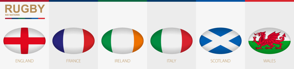 Rugby ball icon with flag of England, France, Ireland, Italy, Scotland and Wales.