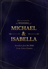 Fototapeta premium Wedding invitation vertical card on magic night dark blue sky with sparkling stars and nebula. Vector golden shiny glowing lettering in creative frame. Luxury elegant navy blue template.