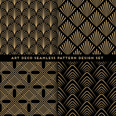 Art deco style seamless pattern design set - golden line repeat patterns on black background - 315683107