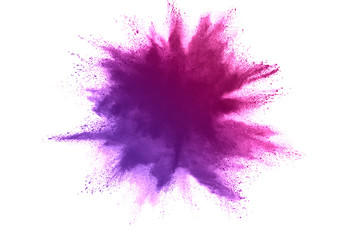 Pink and purple powder explosion isoleated on white background. Paint Holi.