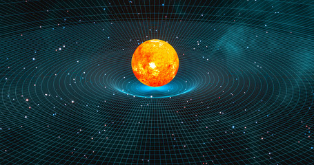 Sun-like star creating gravitational waves in space-time continuum 3d rendering 