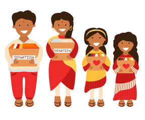 Vector Illustration of Indian Family of Volunteers are Holding Donation Boxes in Cartoon Flat Style. Concept Design of Charity and Social Care. Adult Couple and Teens Prepared Old Clothes for Donation