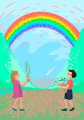Obraz na płótnie Canvas Volunteer gives plastic, the girl plants a sprout, nature and the plant behind, a rainbow over the field. Vector illustration