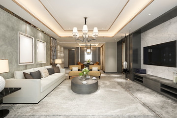 3d rendering beautiful modern dining room and living room with luxury decor