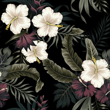 Tropical vintage dark, white hibiscus flower, palm leaves floral seamless pattern black background. Exotic jungle wallpaper.