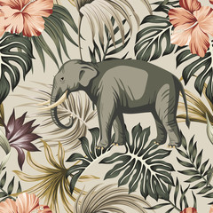 Tropical vintage animal elephant, hibiscus flower, strelitzia, palm leaves floral seamless pattern grey background. Exotic jungle wallpaper.