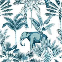 Foto op Plexiglas Afrikaanse dieren Tropische vintage blauwe olifant wilde dieren, palmboom, bananenboom en plant naadloze bloemmotief witte achtergrond. Exotisch jungle safari behang.