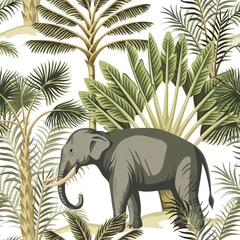 Behang Tropische print Tropische vintage olifant wild dier, palmboom en plant naadloze bloemmotief witte achtergrond. Exotisch jungle safari behang.