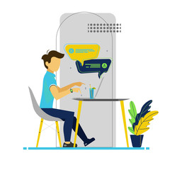 0001Vector illustration with young man working on his laptop. Male freelancer typing the laptop. Modern communication concept.