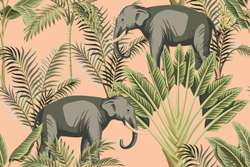Tropical vintage elephant wild animal, palm tree and plant floral seamless pattern peach background. Exotic jungle safari wallpaper.