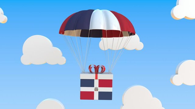 Box with national flag of the Dominican Republic falls with a parachute. Loopable conceptual 3D animation