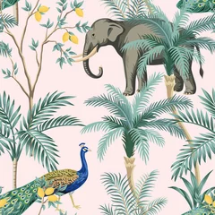 Wall murals African animals Vintage garden lemon fruit tree, plant, exotic peacock, elephant animal floral seamless pattern pink background. Exotic chinoiserie wallpaper.