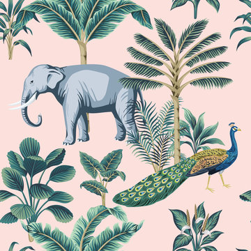 Tropical vintage peacock bird, elephant, palm tree and plant floral seamless pattern pink background. Exotic jungle wallpaper.