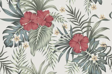 Tropischer Vintage verblasster Blumenhibiskus, Plumeria florale grüne Palmblätter nahtlose Muster grauer Hintergrund. Exotische Dschungeltapete. © good_mood