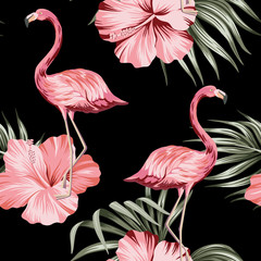 Tropical pink hibiscus and flamingo floral green palm leaves seamless pattern black background. Exotic jungle wallpaper. - obrazy, fototapety, plakaty