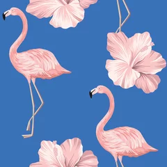 Fototapete Flamingo Tropischer Vintager rosafarbener Flamingo, Hibiscus-Blume nahtloser Musterblauhintergrund. Exotische Dschungeltapete.