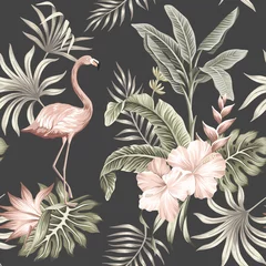 Fotobehang Hibiscus Hawaiiaanse vintage botanische bloemen palmbladeren, hibiscus bloem, strelitzia, flamingo vogel zomer naadloze bloemmotief zwarte achtergrond. Exotische jungle nacht behang.