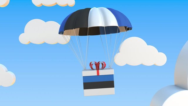 Box with national flag of Estonia falls with a parachute. Loopable conceptual 3D animation