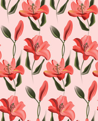 Coral lily, red calla or contrast tulip flowers on pink background. Kitchen decoration with realistic paradise plants. African contrast template, tropial decoration, seamless bouquet