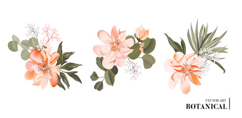 Vector realistic 3d floral bouquet design: garden magnolia flower  with palm leaves and eucaluptys  isolated on white. Romantic greenery rustic boho card with luxury hand drawn illustration, wedding © milatoo