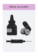 Drug allergy vector icons set with different cartoon allergy symbols. Flat design. Banner template with copy space