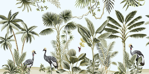 Tropical vintage botanical landscape, palm tree, liana, plant, crane bird floral seamless border blue background. Exotic green jungle animal wallpaper.