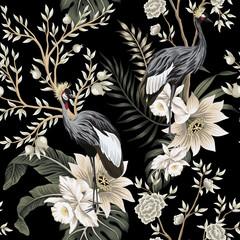Vintage garden tree, crane bird, lotus flower floral seamless pattern black background. Exotic chinoiserie wallpaper.