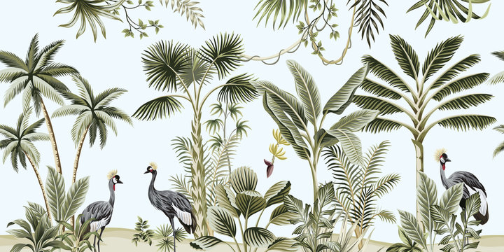 Tropical vintage botanical landscape, palm tree, liana, plant, crane bird floral seamless border blue background. Exotic green jungle animal wallpaper. © good_mood