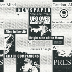 Vector seamless pattern with newspaper or magazine columns. Black and white background with unreadable text, headlines and illustrations on the theme of UFO, aliens, extraterrestrial civilizations