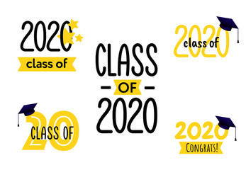Class of 2020. Set of logos for congratulation to Graduates. Happy graduation. Vector illustration. Design of template for party or yearbook.