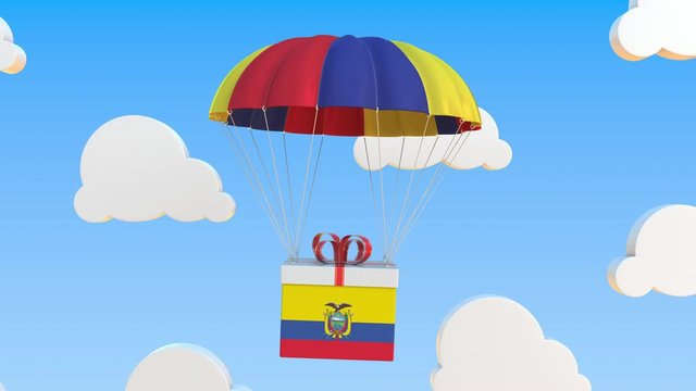 Box with national flag of Ecuador falls with a parachute. Loopable conceptual 3D animation