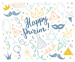 Purim sketch doodles. Hand drawn set. Traditional Jewish holiday elements. vector illustration isolated on white background