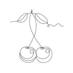 Cherry one line drawing on white isolated background for grocery store, printing on posters and banners
