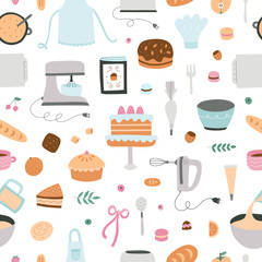 Baking and cooking seamless pattern. Repeat background with kitchen equipment, ingredients, sweet desserts and cakes