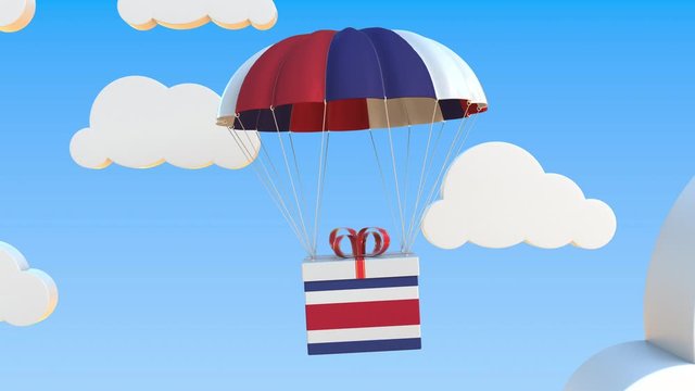 Box with national flag of Costa Rica falls with a parachute. Loopable conceptual 3D animation
