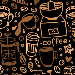 Seamless pattern with coffee cups, beans and elements. Vector background with brown outline hot drinks and coffee grinder
